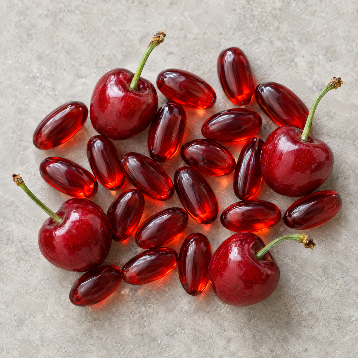 Red tart cherry softgels and fresh Montmorency cherries, top view